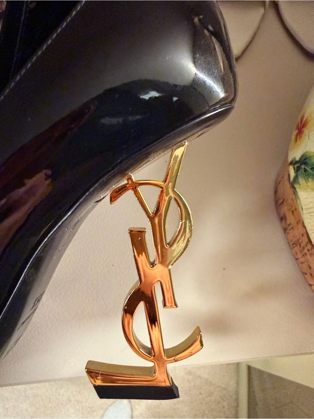 Saint Laurent Black Patent Pumps with Gold YSL Logo Heel - Picture 2 of 6